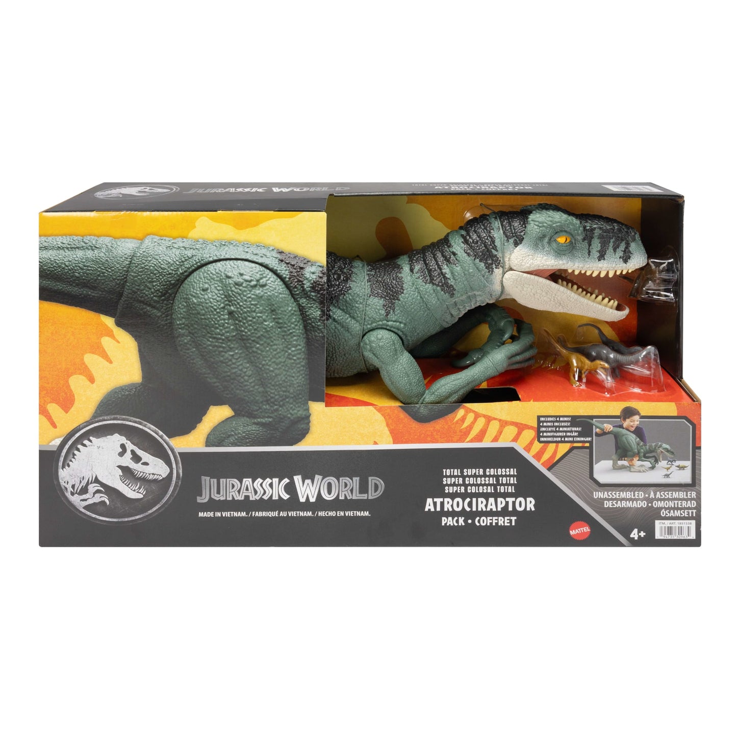Jurassic World Super Colossal Dinosaur Pack With 1 XL 37 inch Long Atrociraptor, 4 Minis