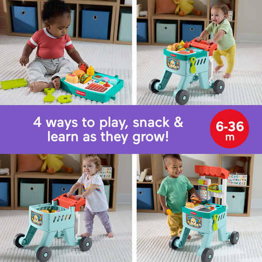 Fisher-Price Laugh & Learn 4-In-1 Snack Cart Push Walker Baby & Toddler Learning Toy, 14 Play Pieces, Multilanguage Version
