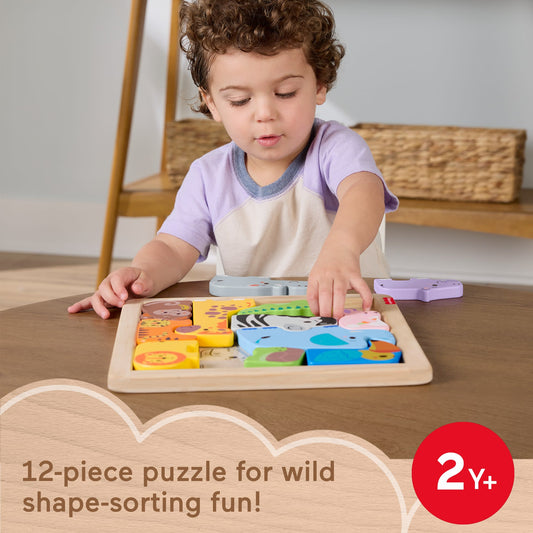 Fisher-Price Wooden Animal Puzzle, Shape-Sorting Activity For Kids, 13 Wood Pieces