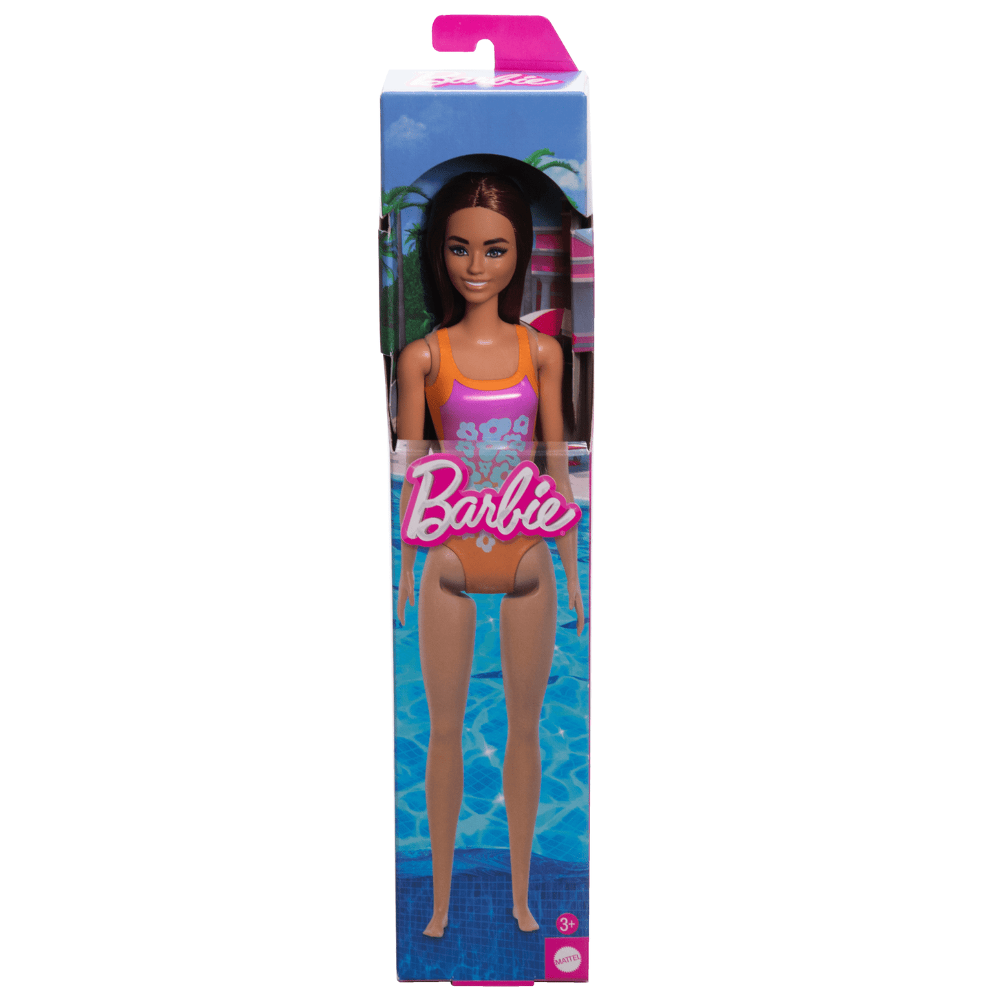 Beach Barbie Doll With Light Brown Hair Wearing Tropical Pink And Orange Swimsuit