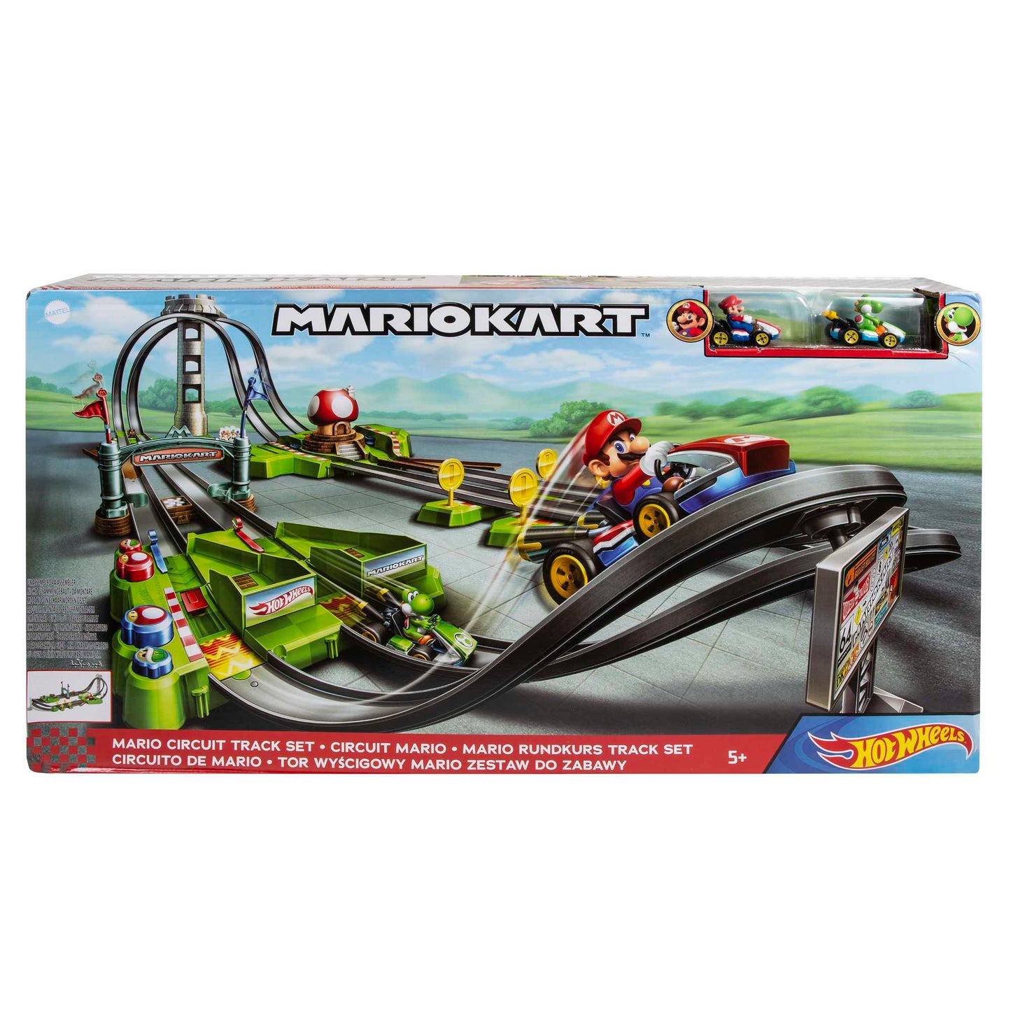 Hot Wheels Mario Kart Circuit Track Set & 2 Mario & Yoshi Karts Vehicles