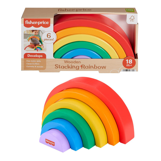 Fisher-Price Wood Toddler Toy Stacking Rainbow, 6 Colorful Wooden Pieces For Building Developmental Play Kids Ages 18+ Months