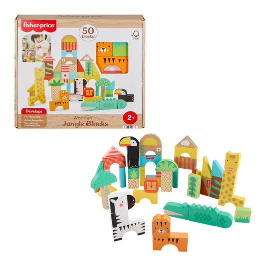 Fisher-Price Wooden Jungle Blocks, Animal-Themed Building Set For Toddlers, 50 Wood Pieces