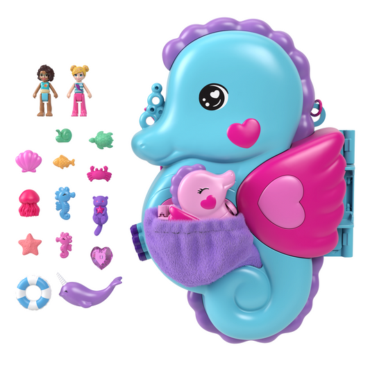 Polly Pocket Daddy & Me Seahorse Purse With 2 Micro Dolls, Pets & 13 Accessories, 2-in-1 Purse & Toy, Starring Shani