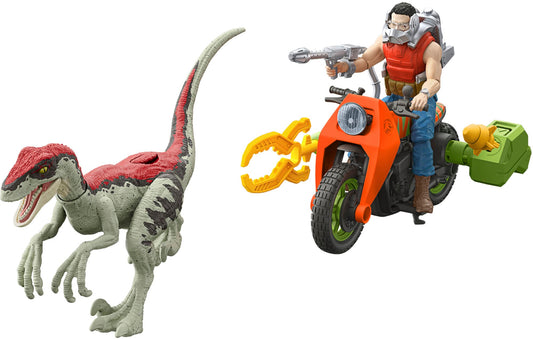 Jurassic Park ’93 Classic Dennis Nedry Action Figure, Motorcycle & Dinosaur Toy Set, 3.75-in Scale